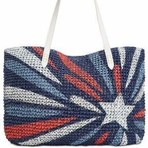 INC Tropical Star Large Straw Tote Blue